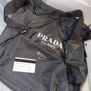 Prada Black Nylon Messenger Crossbody Bag with Logo
